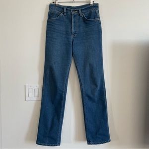 Vintage Mr Lee High Rise Waist Straight Leg Mid Dark Blue Wash Jeans Yellow Tag